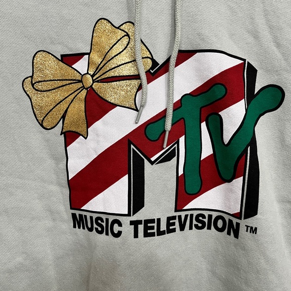MTV Women Green Music Television Christmas Holiday Hoodie Sweatshirt Top XS NWT - Picture 6 of 8